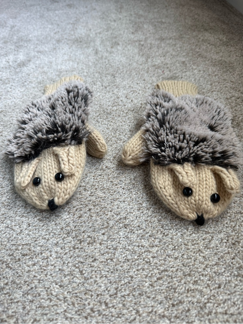 Beige & Gray Hedgehog Mittens - Cute Knit Winter Mittens